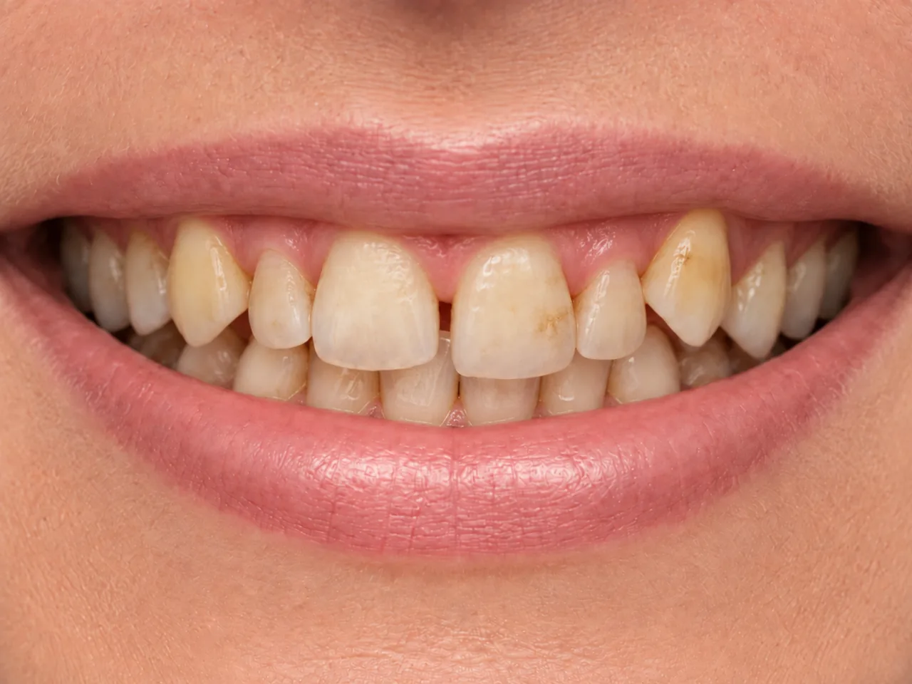 Sonrisa de una paciente antes del tratamiento: dientes con manchas, bordes desiguales y espacios entre las piezas