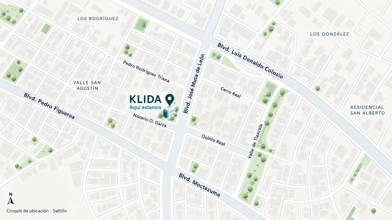 Croquis de ubicación de Klida sobre el Blvd. José Musa de León, entre el Blvd. Pedro Figueroa y el Blvd. Luis Donaldo Colosio