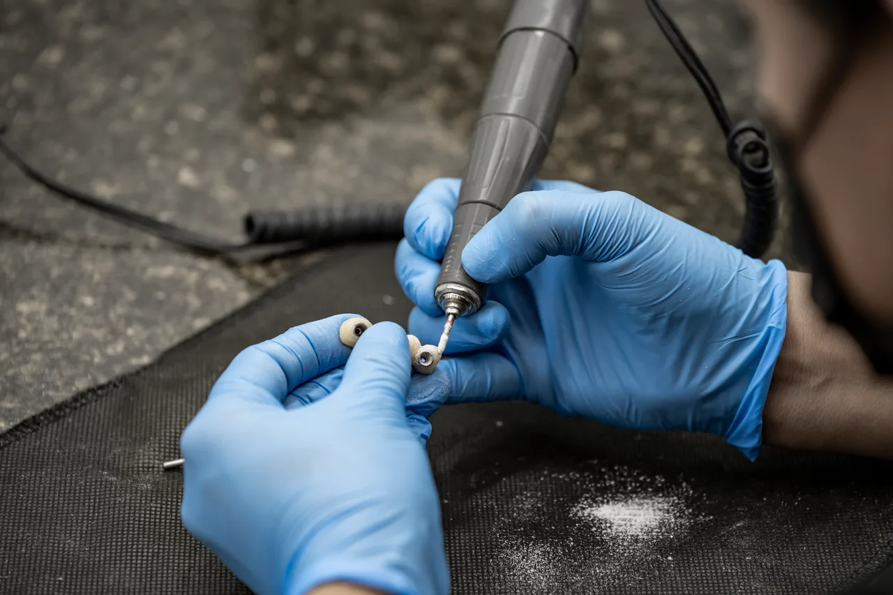 Manos con guantes ajustan una pieza dental con la fresa del laboratorio de Klida